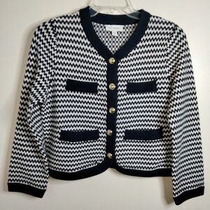 Free Assembly (Size M 8-10) Navy Blue & White Chevron Pattern Button Up Cardigan